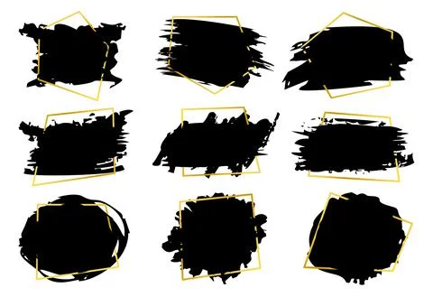 Brush stroke with gold gradient frame black set Stock Illustration