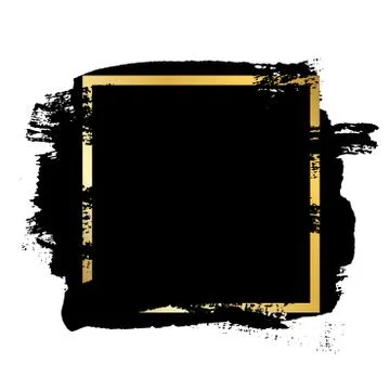 Brush stroke, gold text box, isolated white background. Black paint brush. Gr Stock Illustration