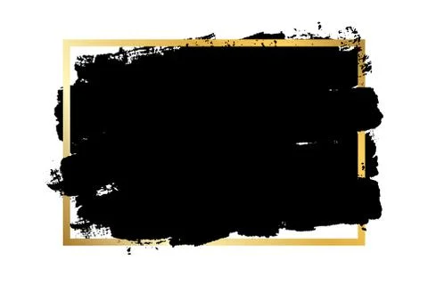 Brush stroke, gold text box, isolated white background. Black paint brush. Gr Stock Illustration