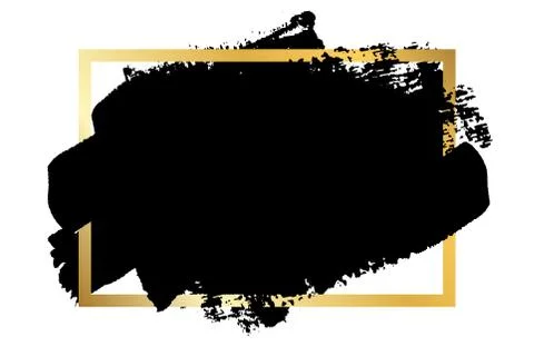 Brush stroke, gold text box, isolated white background. Black paint brush. Gr Stock Illustration