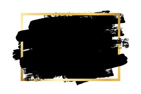 Brush stroke, gold text box, isolated white background. Black paint brush. Gr Stock Illustration
