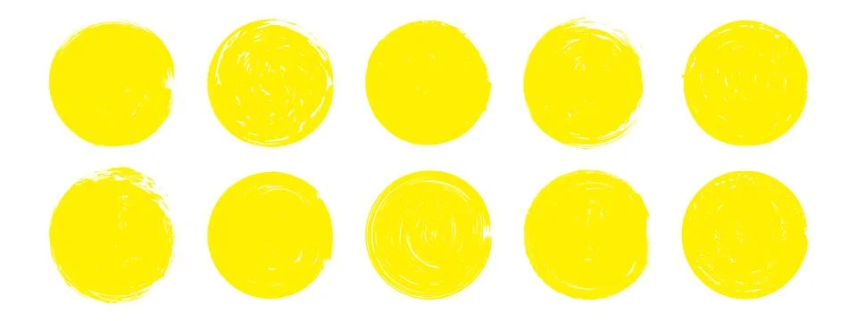 Brush stroke sun rough set. Hand drawn yellow round stamps. Abstract grunge.. 스톡 일러스트