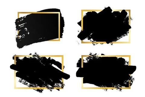 Brush strokes set, gold text box, isolated white background. Black paint brus Stock Illustration