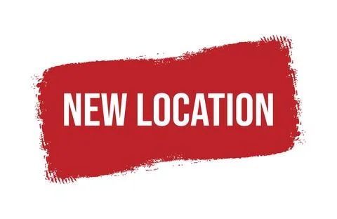 Brush style new location red banner design isolated on white background. Stock Illustration