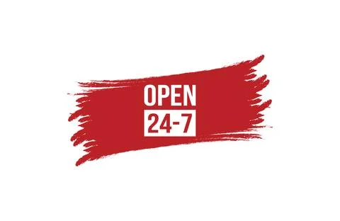 Brush style open 24-7 red banner design isolated on white background. Stock Illustration