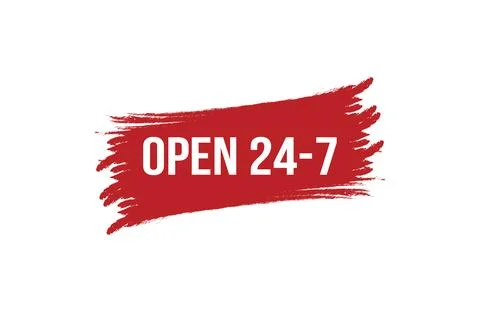Brush style open 24-7 red banner design isolated on white background. Stock Illustration