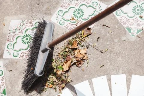 Brush sweeps fallen leaves Stock Photos