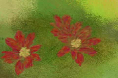 Brush-textured abstract image of red flowers on a green background. Ilustração Stock