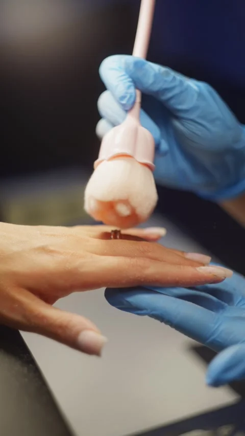 A brush is used to remove the remains of cut nails from the hands. Stock Footage 314461883