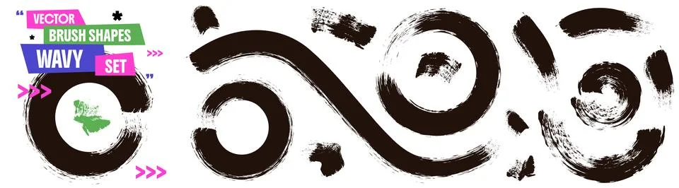 Brush wave set of wide roller arcs in black. Dry vector strokes show rough brush Stock Illustration