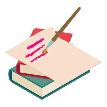 Brush writing icon isometric vector. Brush write on paper sheet stack book icon Stock Illustration
