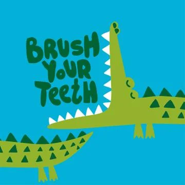 Brush your teeth! - funny hand drawn doodle, cartoon alligator / crocodile. Stock Illustration