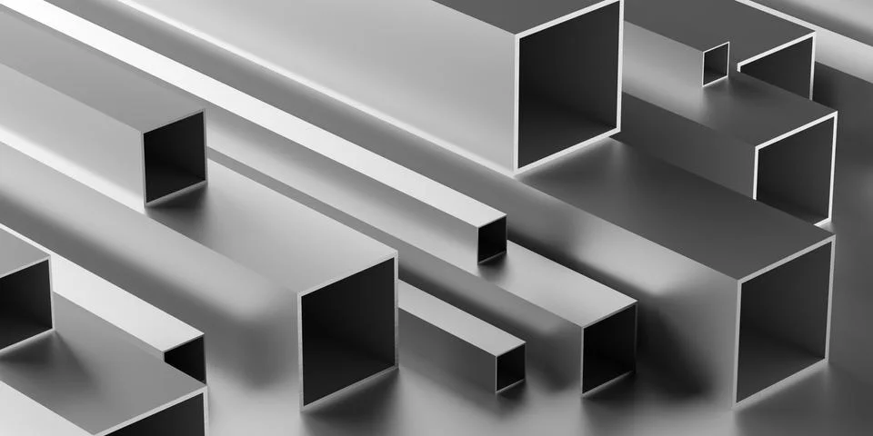 Brushed aluminum square profiles stack or heap frame filling background, meta Stock Illustration