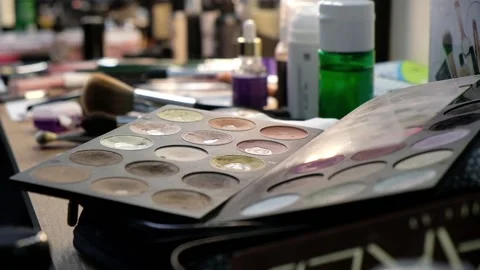 Brushes and cosmetics on table of professional make-up artist Stock Footage 109886306