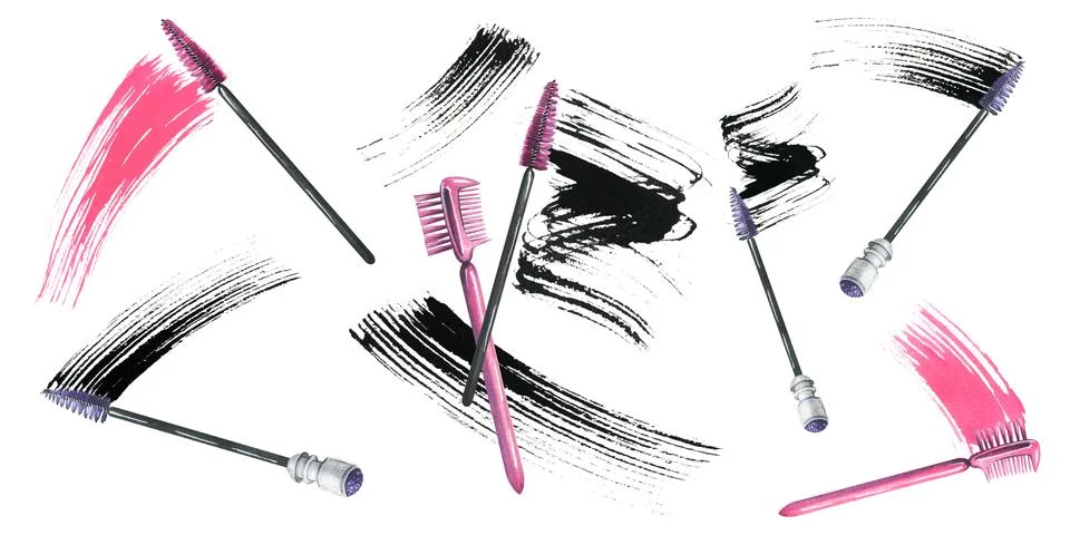 Brushes for combing eyelashes and eyebrows with a smear of black and pink paint Stock Illustration