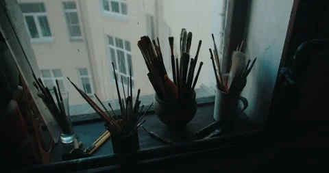 Brushes in the creative studio. Artist's equipment Stock Footage 219806253