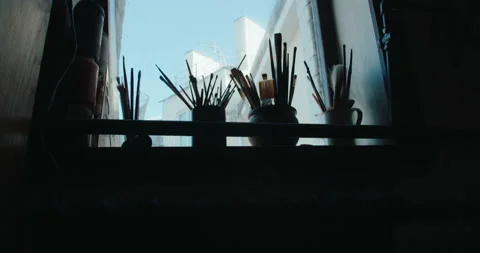 Brushes in the creative studio. Artist's equipment Stock Footage 219806499