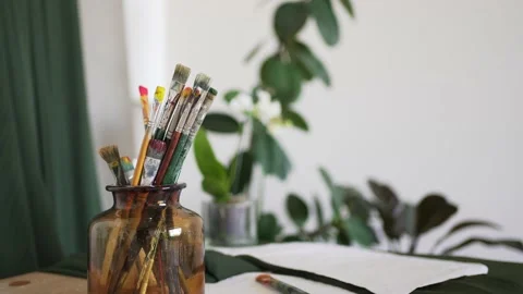 Brushes for drawing. Creativity. Artist's Tools Stock Footage 156209985