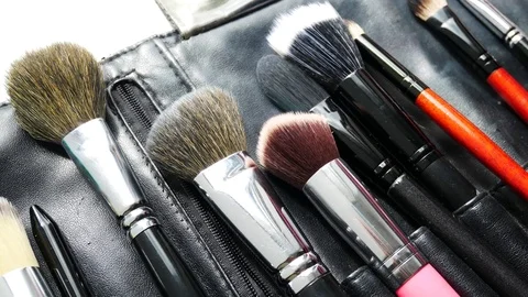 Brushes for make-up. Flat lay frame. Stock Footage 77715921