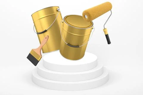 Brushes, paint bucket and roller brush floating in air over podium on abstr.. Ilustración de archivo