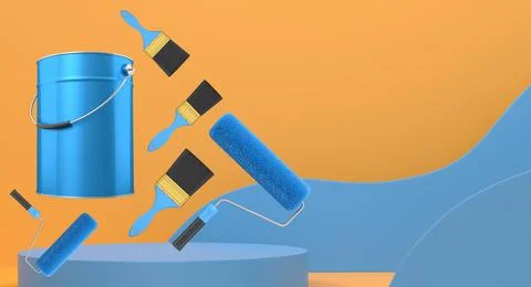 Brushes, paint bucket and roller brush floating in air over podium on abstrac Illustrazione stock