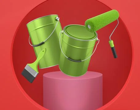 Brushes, paint bucket and roller brush floating in air over podium on abstrac Ilustración de archivo