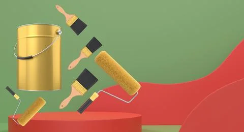 Brushes, paint bucket and roller brush floating in air over podium on abstrac Ilustración de archivo