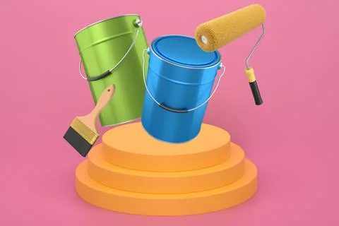 Brushes, paint bucket and roller brush floating in air over podium on abstract Stock Illustration