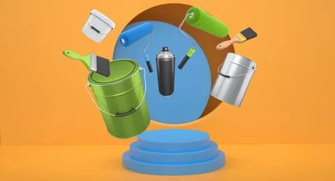 Brushes, paint bucket and roller brush floating in air over podium on abstrac Stock Illustration