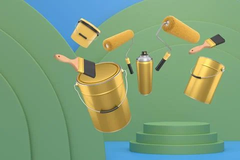 Brushes, paint bucket and roller brush floating in air over podium on abstrac Stock Illustration