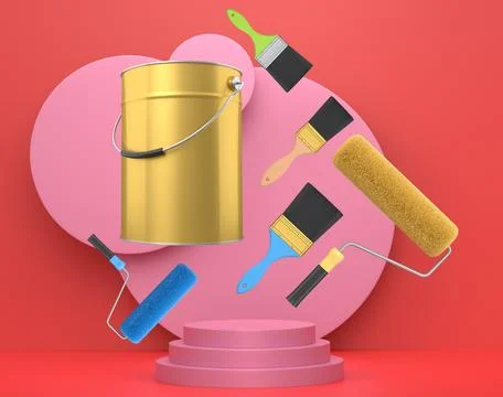 Brushes, paint bucket and roller brush floating in air over podium on abstrac Stock Illustration
