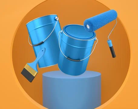 Brushes, paint bucket and roller brush floating in air over podium on abstract Ilustração Stock