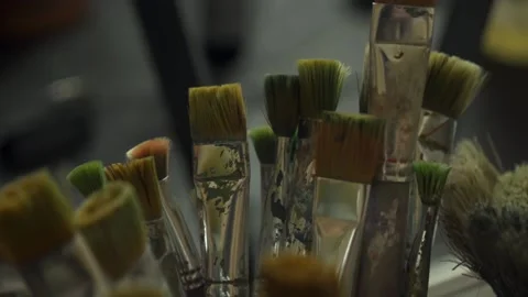 Brushes for painting in an art studio. Video stock 160984854