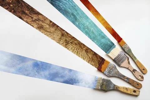 Brushes painting stipes of the four elements of nature, fire, water, earth and Foto stock