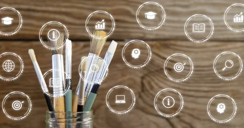 Brushes sitting left at start while business chart icons multiplying, forming Stock Footage 330981052
