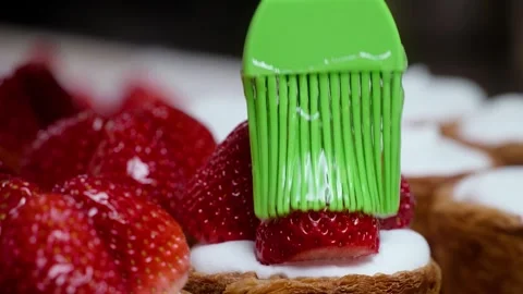 Brushing Sugar Glaze on Fresh Strawberry Tart Dessert Stock Footage 343018750