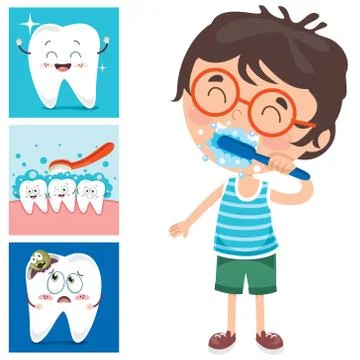 Brushing Teeth Concept With Cartoon Character Illustrazione stock