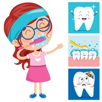 Brushing Teeth Concept With Cartoon Character Illustrazione stock