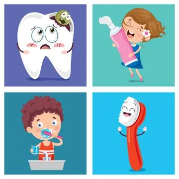 Brushing Teeth Concept With Cartoon Character Illustrazione stock