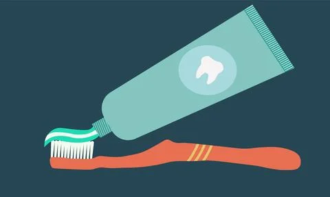 Brushing Teeth. Toothbrush and Toothpaste on dark blue background. Flat vec.. Ilustración de archivo
