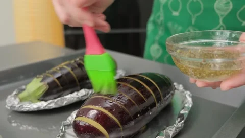 Brushing Zucchini with Marinade in Cooking Kitchen Stock Footage 341451403