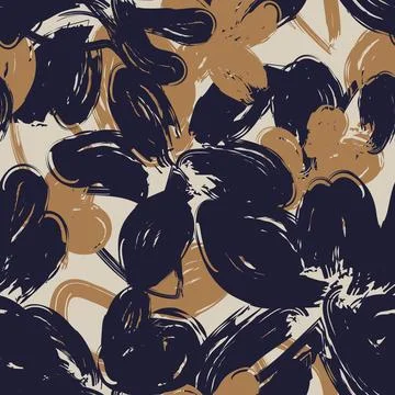 Brushstroke Ditsy Floral textile pattern design in navy blue and beige for .. Stock Illustration