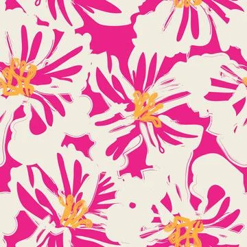 Brushstroke Hibiscus floral textile pattern design in hot pink and cream fo.. Ilustración de archivo