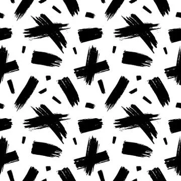 Brushstroke stripes and crosses vector seamless pattern. Black paint rough sm Illustrazione stock