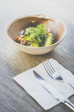 Brussel Sprouts with Bacon Bits served in a bowl on a table Foto stock