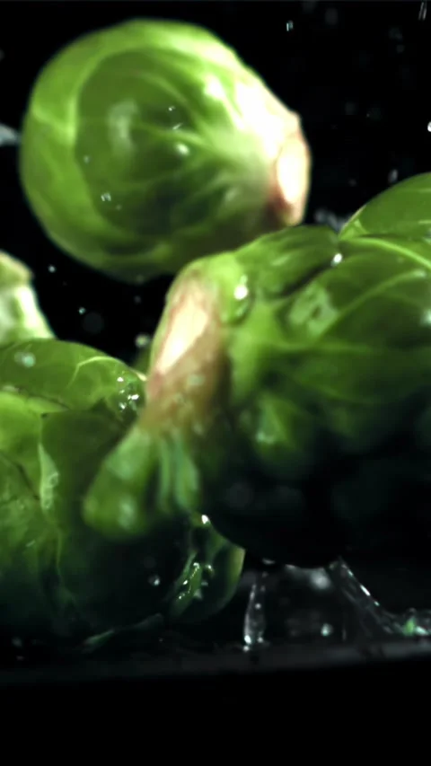 Brussel sprouts fall on a wet plate. Filmed on a high-speed camera at 1000 fps Stock Footage 335321159