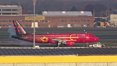 Brussels Airlines Trident Red Devils National Footbal Team Engine Start Up Smoke 動画素材 250082559