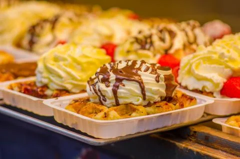 BRUSSELS, BELGIUM - 11 AUGUST, 2015: Famous belgian waffles as displayed in Stock Photos