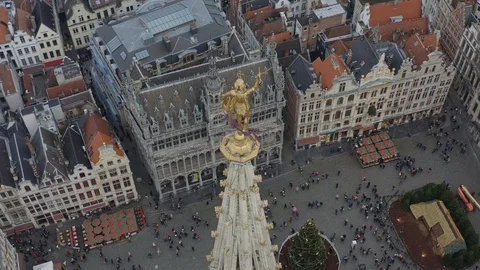 Brussels Belgium Aerial v7 Birdseye view flying around Saint Michel statue in Stock Footage