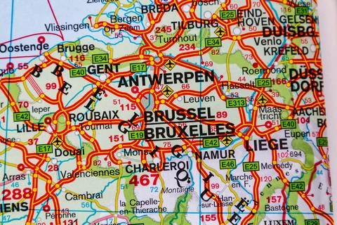 Brussels, Belgium, on a road map Stock Photos